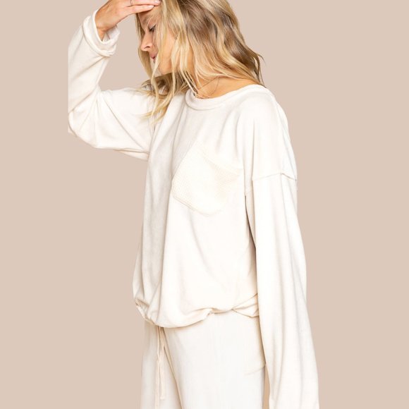 POL Soft Stretchy Velour Cream Beige Jogger Top - Picture 7 of 10